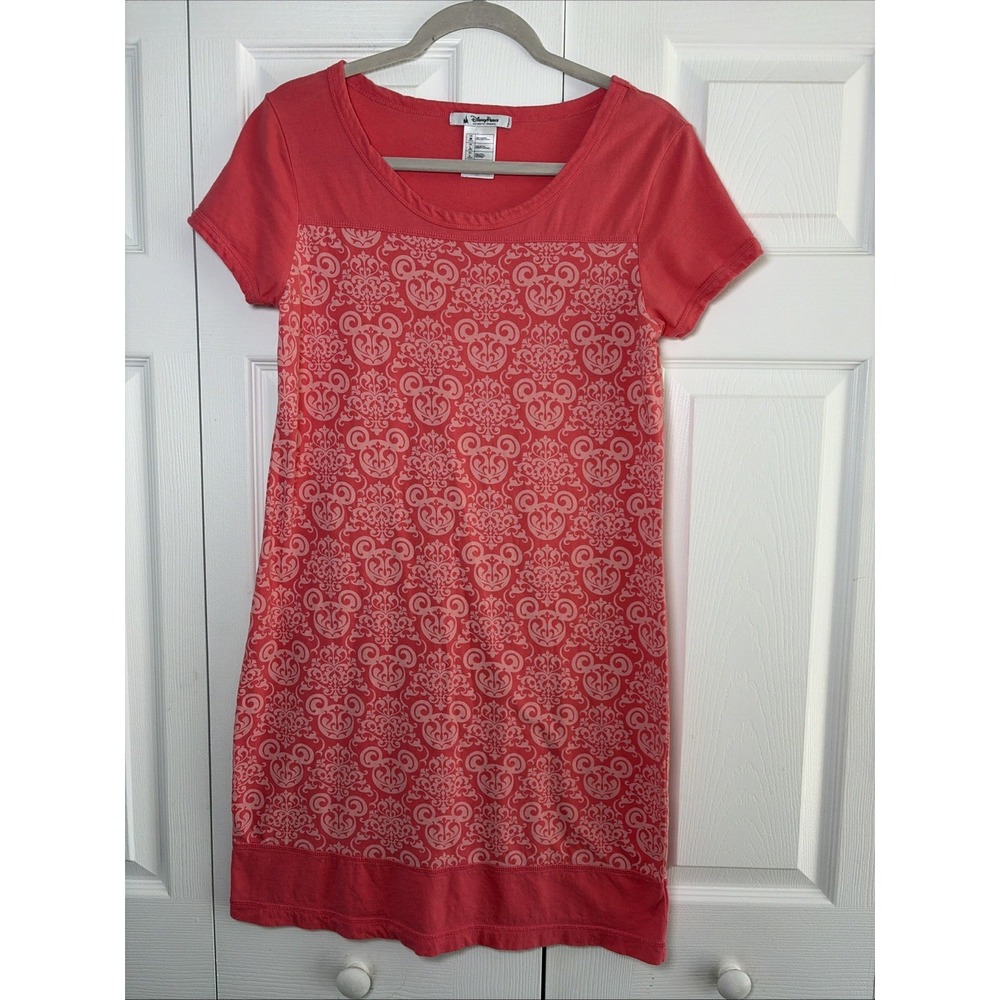 Disney Parks Mickey Damask T-Shirt Dress Womens Size M Pink Cotton Mini Short Sl
